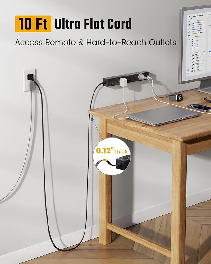 10Ft Extension Cord with Multiple Outlets, SUPERDANNY Flat Plug Surge Protector Power Strip with 3 USB Ports & 6 Outlets, 10 Ft Long Cord, Black Charging Station for Home Office, Dorm Room Essentials