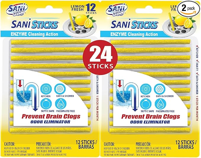 SANI 360° Sani Sticks Drain Cleaner and Deodorizer, 24 Count, Lemon Scent Enzyme Pipe Cleaners, Eliminate Odors, Prevent Clogged Drains, Safe for Sinks, Bathtub Drains, Septic Tanks
