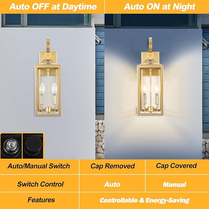 Gold Dusk to Dawn Outdoor Wall Lantern 2-Light, 19" Large Modern Wall Sconce Light Fixture, Industrial Porch Light, Waterproof Farmhouse Exterior Lamp Lighting