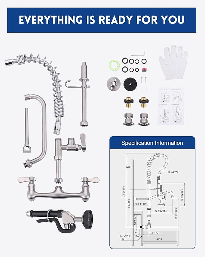[New Upgrade] Brushed Nickel Commercial Kitchen Faucet with Pre-Rinse Sprayer 8 Inch Center Wall Mount Kitchen Sink Faucet with 9.6" Add-on Swing Spout 25" Height Faucet with Pull Down Spray