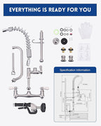 [New Upgrade] Brushed Nickel Commercial Kitchen Faucet with Pre-Rinse Sprayer 8 Inch Center Wall Mount Kitchen Sink Faucet with 9.6" Add-on Swing Spout 25" Height Faucet with Pull Down Spray