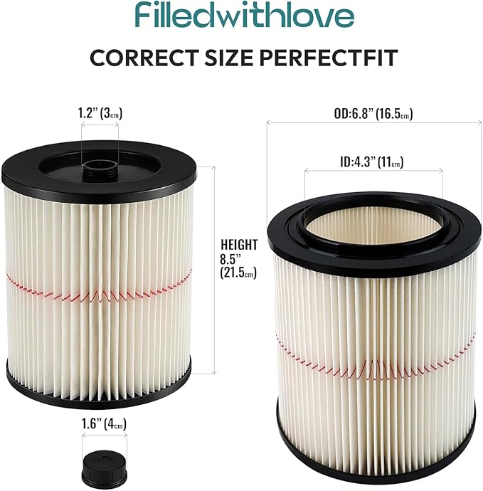 2 Pack 17816 9-17816 Red Stripe Vacuum Cartridge Filter Compatible Wet/Dry Vacuum Models 5, 6, 8, 12, and 16 32 Gal. Vacuums produced since 1988 8.5 Inches- White/Red