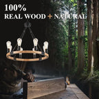 8 Lights Wooden Wagon Wheel Chandelier Natural Farmhouse 23.6'' Black Metal Light Fixtures Rustic Wood Round Chandelier for Living Dining Room Kitchen Entryway Foyer