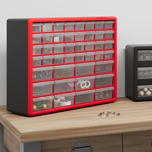 Akro-Mils 44-Drawer Plastic Drawer Storage Cabinet for Garage Organization, Bead Organizer, Building Bricks Storage, Teacher Toolbox, Makeup Organizer, 20" W x 6" D x 16" H, 10144 Red