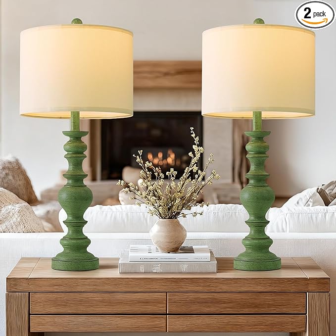 BOBOMOMO 27" Sage Green Table Lamps Set of 2, Large Farmhouse Resin Lamps with Linen Shades, Green Vintage Lamps for Living Room, Bedroom, or Entryway, Rustic Elegant Home Décor
