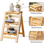 Latifolia Foldable 3 Step Ladder, Wooden Step Stool with Floor Saver, Decorative Ladder Shelf for Living Room, Kitchen, Garden(Nature)