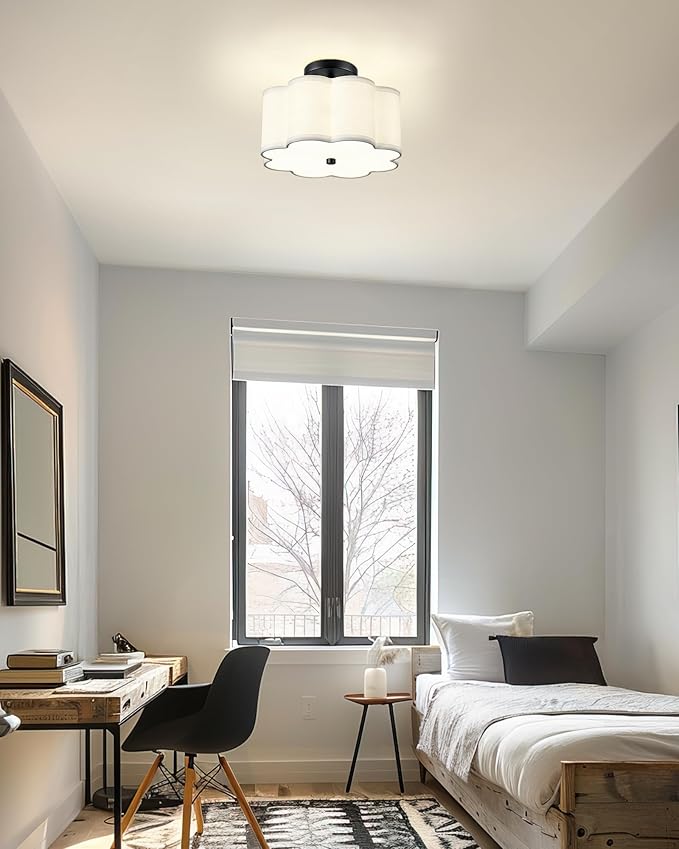 Semi Flush Mount Ceiling Lights, 3-Light 13" Ceiling Light Fixtures with Fabric Shade in Flower Shape, Matte Black Drum Lighting for Nursery Hallway Bedroom Kitchen, AD-22007-3SF-BK