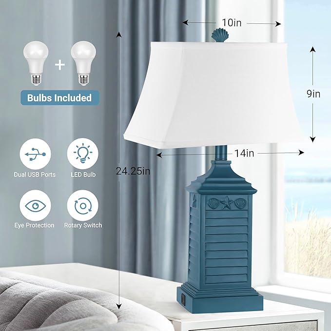 Set of 2 Table Lamps for Living Room Bedrooms, Coastal Nautical Navy Blue Bedside Nightstand Lamp with 2 USB Ports 1 AC Outlet, 3-Color Temperature Farmhouse Beach End Tables Lamp with LED Bulbs