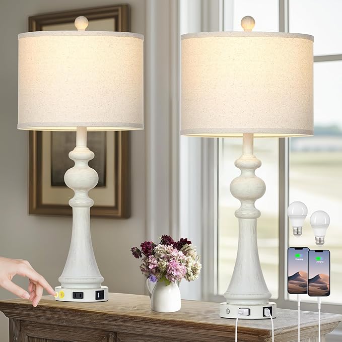28" Farmhouse Table Lamps Set of 2, Vintage Bedside Lamps with USB A+C Charging Ports & AC Outlet, 3-Way Dimmable Touch Control Nightstand Lamp for Living Room Bedroom Wash White(2 LED Bulbs Included)