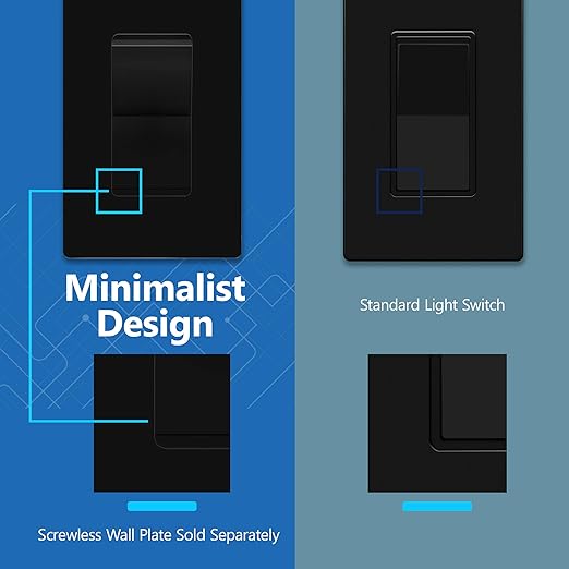 LIDER Balck Minimalist Decorator Switch, Frameless Paddle Light Switch, On/Off Rocker Switch, 3-Way, Residential Grade, 3 Wire 15A 120-277VAC, 10 Pack