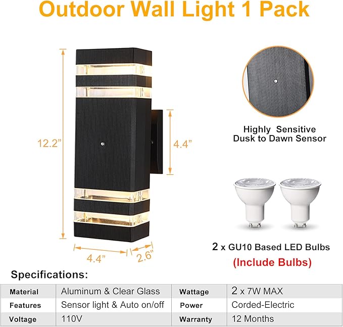 Dusk to Dawn Outdoor Lighting, LED Wall Sconce Sensor Waterproof Porch Lights 14W Black Exterior Up and Down Light Fixture for Porch Hallway Patio Garden Corridor
