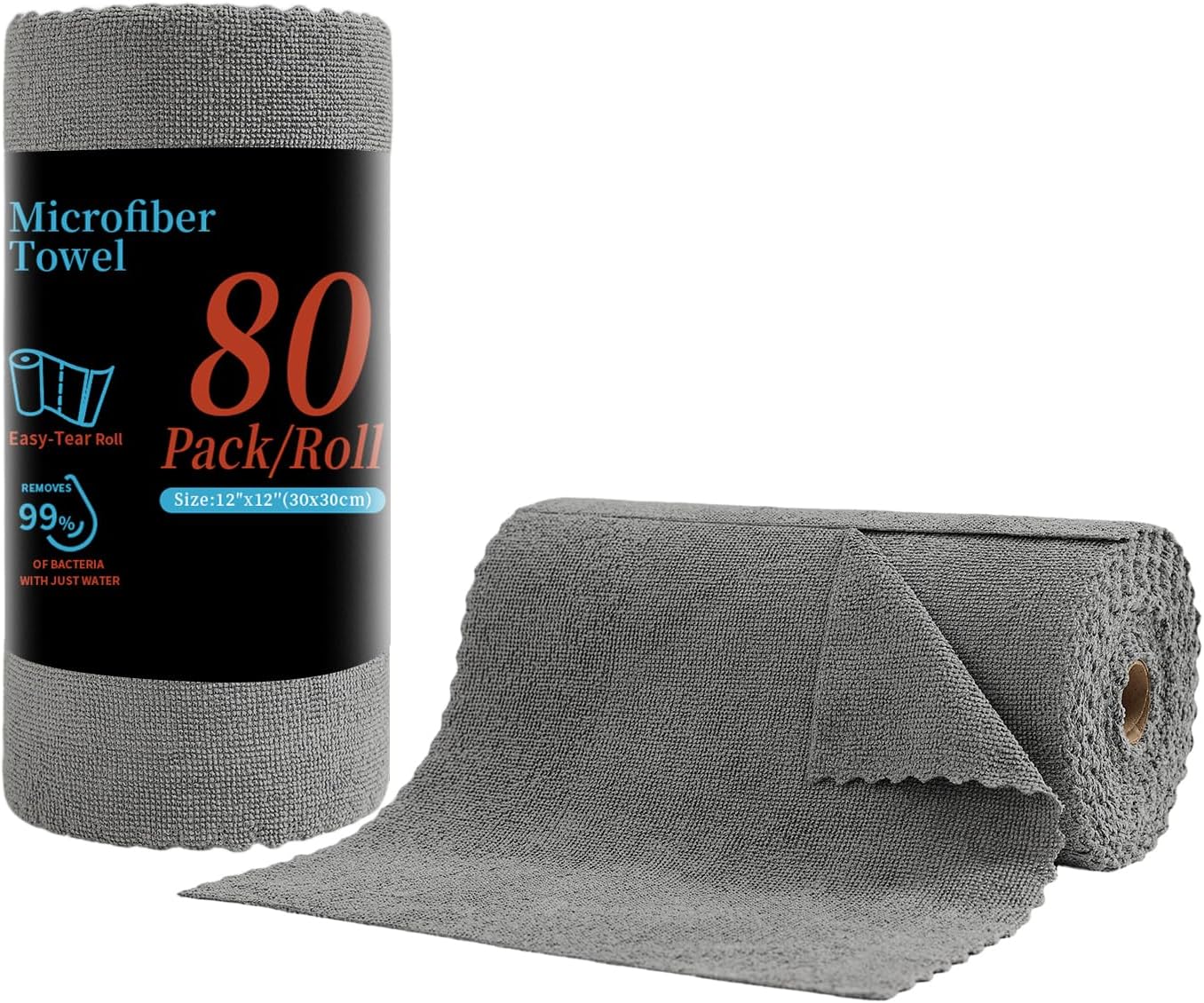 80 Pack Microfiber Cleaning Cloth Roll,Lint Free Rags & Tear Away Reusable Towels Washable Scratch,Ultra Absorbent Dish Rags(12" x 12") for Car Kitchen Home Garage-Dark Gray