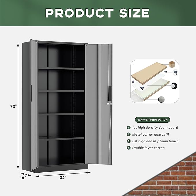 Greenvelly Metal Garage Storage Cabinet, 72" Black Gray Tool Steel Locking Cabinet with Doors and 4 Shelves, Tall Cabinets for Garage Storage Systems Lockable File Cabinet for Home Office,Garage