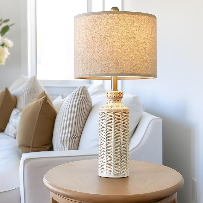 24.75'' Farmhouse Cream-White Ceramic Single Table Lamp for Bedroom Living Room Vintage Traditional Rustic Modern Nightstand Bedside Lamps