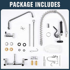 Commercial Faucet with Sprayer, 36 Inch Height Commercial Sink Faucet Wall Mount with 8" Adjustable Center and 12" Add-on Swing Spout & Pull Down Pre Rinse Sprayer