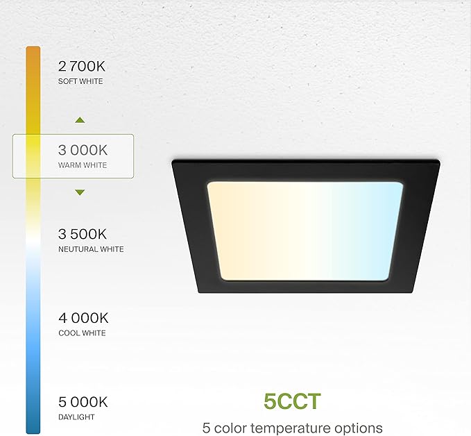 ASD 6 Pack LED Square Recessed Lighting 6 Inch, 5 CCT 2700K-5000K CRI90+, 15W 60W Eqv, Ultra Thin Dimmable Ceiling Lights with J Box, Canless Wafer Downlight, Slim Panel Light, UL Energy Star, Black