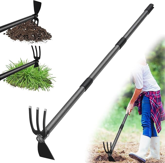 Hoe Garden Tool, 45 Inch Garden Hoe Adjustable Long Handle, 2 in 1 Garden Hoe for Weeding, Stainless Steel Weeder Tool for Yard Long Handle, Gardening Hoe for Planting, Lossening, Digging