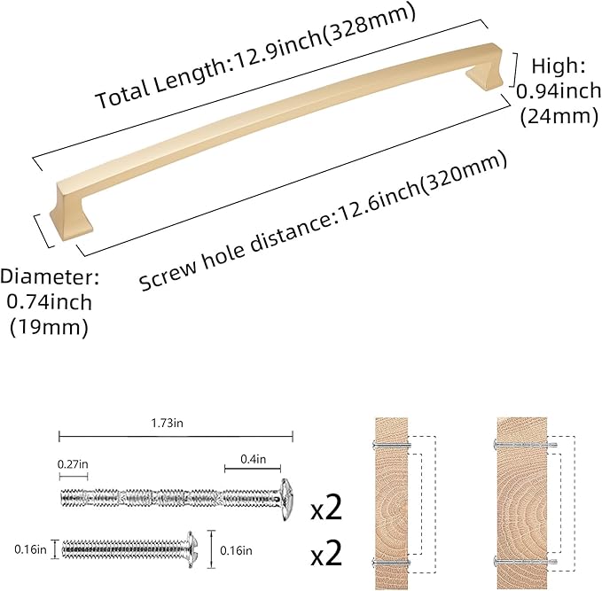 COTYKILEY 6 Pack 12.6 Inch(320mm) Brushed Brass Cabinet Handles Gold Kitchen Cabinet Pulls Cabinet Door Handles Kitchen Cabinet Hardware Cupboard Drawer Pulls Dresser Handles