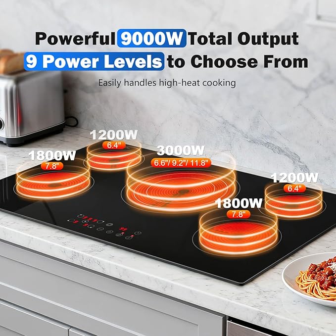 SNDOAS 36 inch Electric Cooktop,5 Burners 9000W Built-in Glass Ceramic Electric Stove Top w/Touch Control,9 Power Levels,Child Lock,Triple-Ring Zone,240V Hardwired for Kitchen Countertop 36"