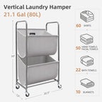 STORAGE MANIAC 80 Liters Vertical Rolling Laundry Hamper, 2 Section Laundry Sorter with Wheels and 2 Breaks, 2-tier Laundry Baskets for Small Space, Dorm, Laundry Room, Closet, Bathroom, Gray 2-tier
