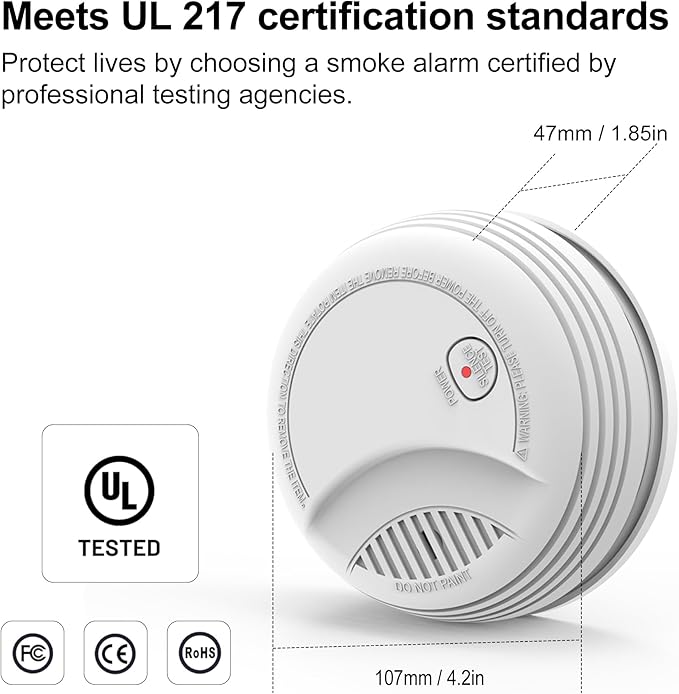 Fire Alarms Smoke Detectors, Photoelectric Sensor Smoke Alarm Battery Operated, Fire Alarm with Test Button & Low Battery Signal, LED Warning Light 85 dB Alarm Sound for Bedroom and Home, 1 Pack