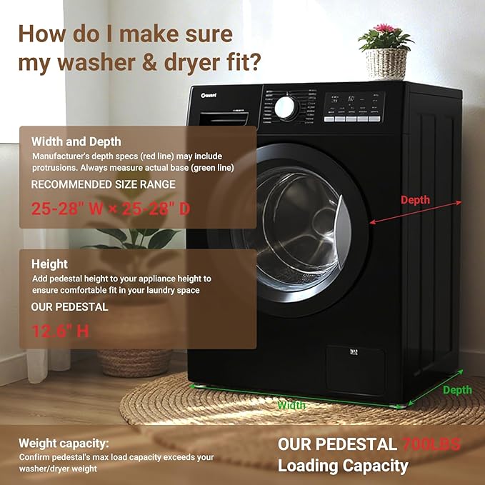 SKM 28" Dual-Pack Washer and Dryer Pedestals - Heavy-Duty Steel Laundry Stand Raiser for Washing Machine and Dryer, Compatible with Most 4.8-5.3 cu. ft. Capacity Appliances, Black