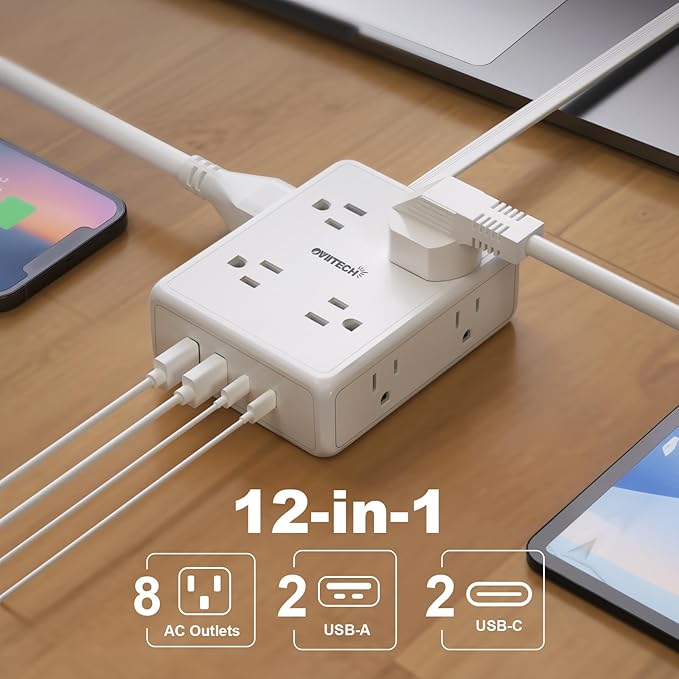 Surge Protector Flat Extension Cord Power Strip 6Ft, 8 Outlets with 4USB Ports (2 USB-C), 1350 Joules Protection, Ideal for Office, Home, White