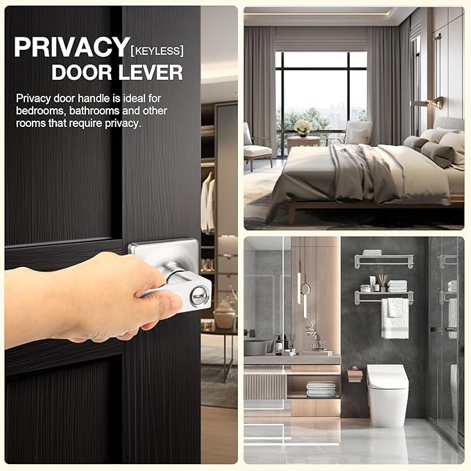GOBEKOR 5 Pack Interior Brushed Nickel Bedroom Door Handles with Lock Privacy Door Levers Bathroom Lever, Square Rosette