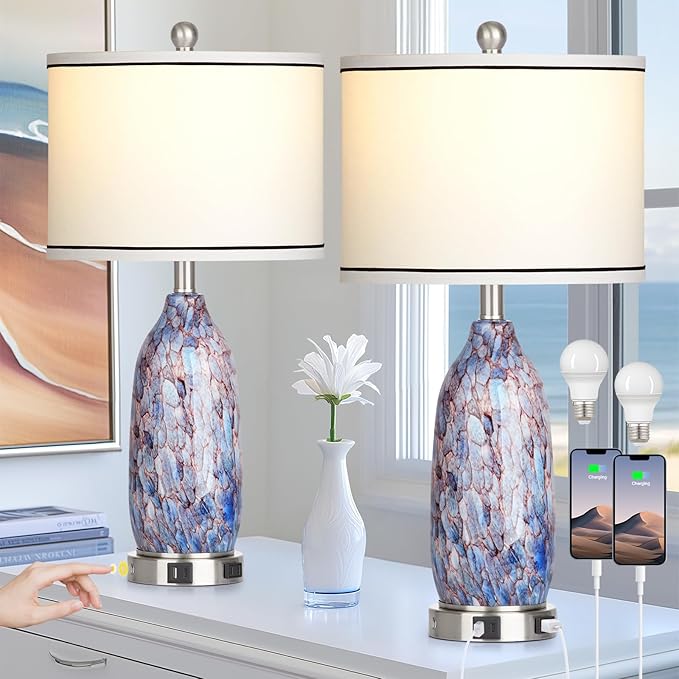 Coastal Lamps with USB A+C Ports & LED Night Light, Unique Seashells Glass Table Lamps with Natural Fabric Shade, Modern Touch Control Beach Bedside Lamp for Living Room Bedroom Nightstand Navy Blue