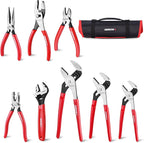 ARROW 8PCS Pliers & Wrench Set, 6" Needle Nose Pliers, 6" Diagonal, 7" Linesman, 8" Slip Joint, 8" & 10" & 12" Groove Joint and CRV 8" Adjustable Wrench, Portable Rolling Bag With Handle