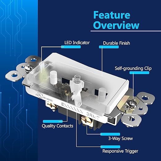 LIDER Minimalist Design Matte Finish Lighted Decorator Switch with Screwless Wall Plate, Frameless Paddle Light Switch with Locator Light, 3-Way, Grounding Screw, 15A 125V, UL Listed, White