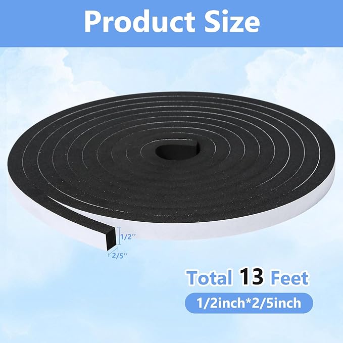 Weather Stripping Door Seal Strip- 1/2 Inch X 2/5 Inch X 13Feet, Strong Adhesive, Lightproof, Soundproof, Weatherproof Foam Tape Insulation for Sliding Door, Front Door Frame, Windows- Black