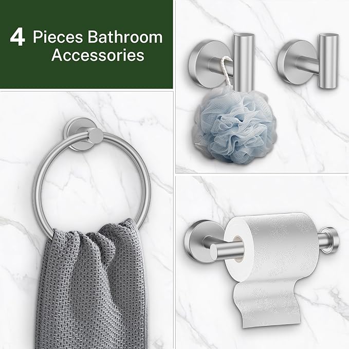Brushed Nickel Bathroom Hardware Set,4-Piece Bathroom Accessories Set Include Towel Ring,Toilet Paper Holder and 2 Towel Hooks,Stainless Steel Wall-Mounted