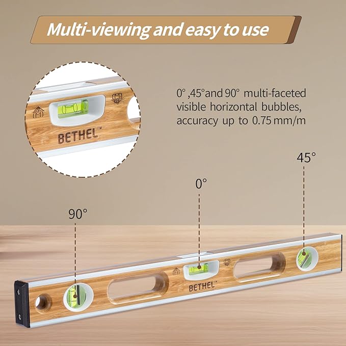BETHEL 24-inch Bamboo Level, Mortar Adhesion Resistant Light Level, with Double Curved Acrylic Leveling Tubes for Masonry Applications and General Leveling