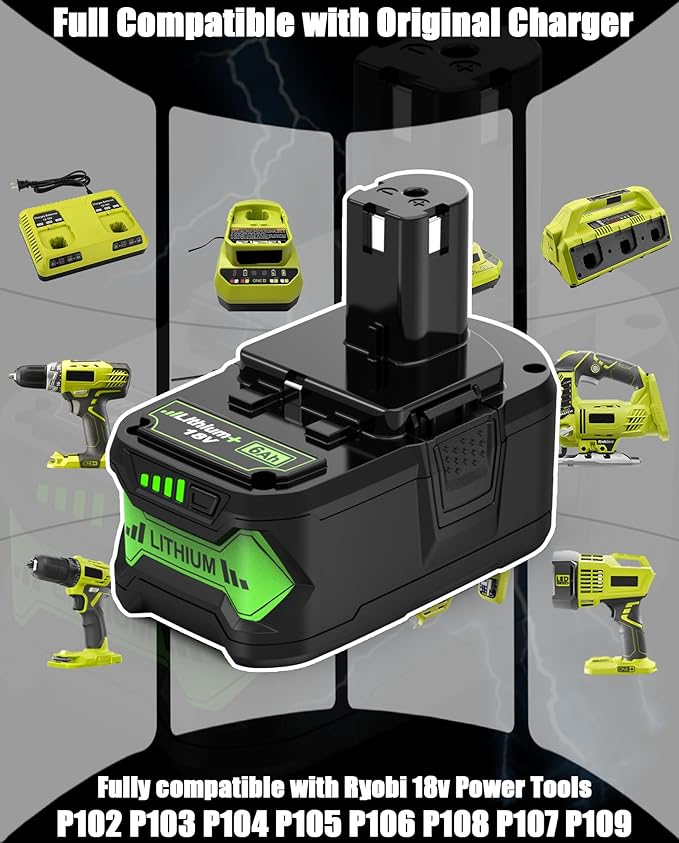 6.0Ah for ryobi 18v ONE+ Battery, with ryobi 18v System Cordless Power Tools and Chargers, P102 P108 P103 P104 P105 P107 P109 P122(4 pcs)