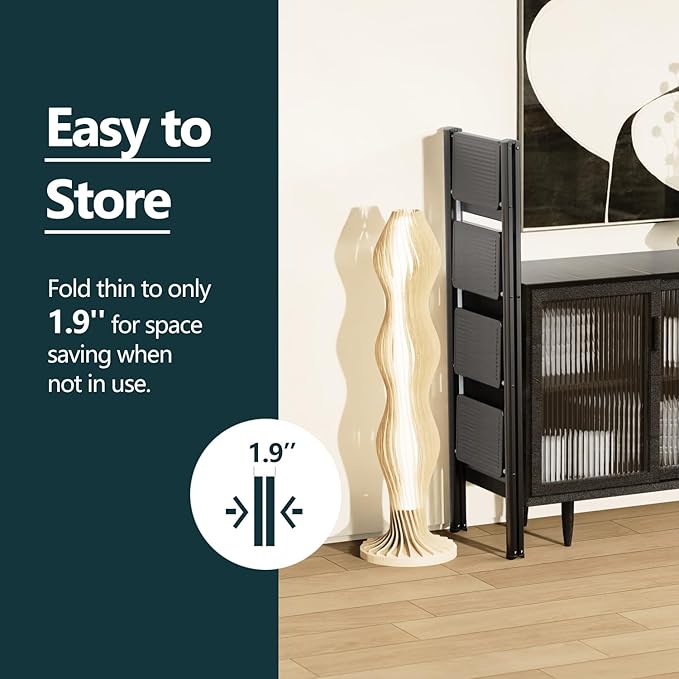 WOA WOA 4 Step Ladder, Folding Step Stool with Non-Slip Pedals, Portable Stepping Stool Household, Sturdy Steel Ladder, Space Saving for Kitchen, Anti Skid Feet, Support 330lbs - Black