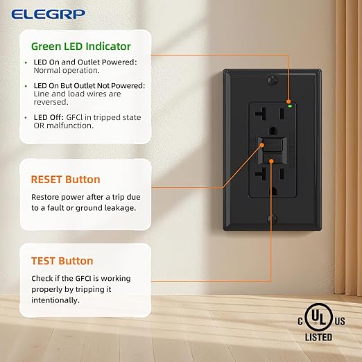 ELEGRP GFCI Outlet 20 Amp, Self-Test GFI Electrical Outlet with Narrow Design, GFCI Receptacle with LED Indicator, UL Listed, Black, Wall Plate Included, 20 Pack