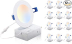 CLOUDY BAY 4 inch 3000K/4000K/5000K Three Color Temperature Selectable, Dimmable 10W CRI 90+, IC Rated,Ultra Thin Recessed Downlight with Junction Box, Canless Wafer Downlight,White Finish, 12 Pack