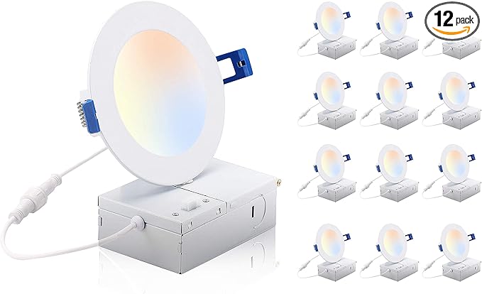 CLOUDY BAY 4 inch 3000K/4000K/5000K Three Color Temperature Selectable, Dimmable 10W CRI 90+, IC Rated,Ultra Thin Recessed Downlight with Junction Box, Canless Wafer Downlight,White Finish, 12 Pack