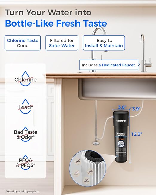 Waterdrop 10UB Under Sink Water Filter, Reduces PFAS, PFOA/PFOS, Lead, Chlorine, Bad Taste, NSF/ANSI 42 Certified, 11K Gallons, Easy Installation