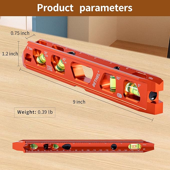 BETHEL 9 Inch Magnetic Torpedo Level with 4 Bubble Vials, V-Groove & Magnetic Rails, Orange Aluminum Alloy Construction
