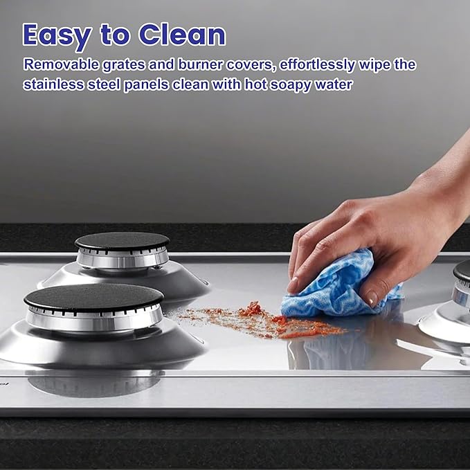 Awoco 36” Professional Stainless Steel Gas Cooktop, LPG/NG Convertible Gas Rangetop with 6 Sealed Burners, Stove top with cast iron grates Made in Italy & ETL Certified