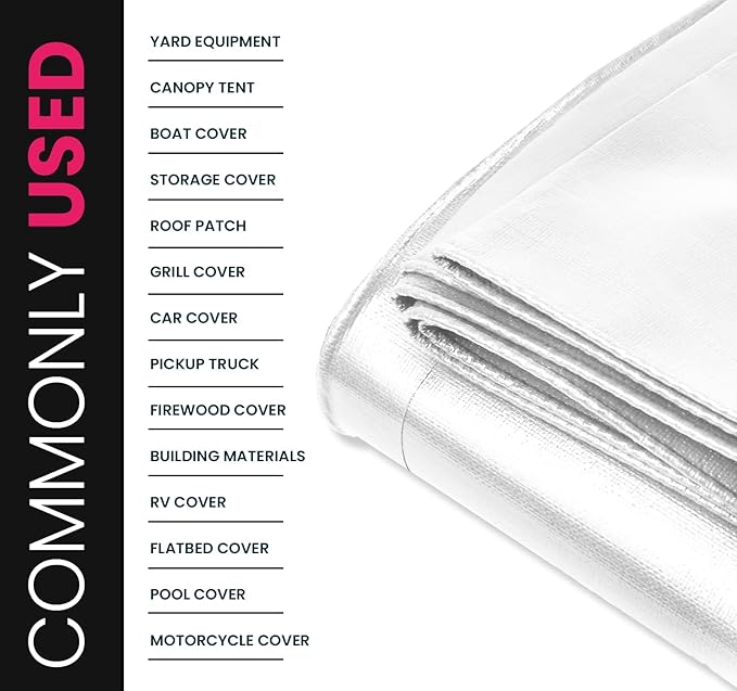 PROTARP Extreme Heavy Duty 22 Mil Tarp Cover, Waterproof, UV Resistant, Rip and Tear Proof, Poly Tarpaulin with Reinforced Edges for Roof, Camping, Patio, Pool, Boat. (White 24′ X 36′)