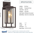 18" Outdoor Wall Light Fixtures Waterproofed Exterior Lantern W/Sturdy Rectangular Double Cage In Old Rust &Clear Tempered Glass,Sconce Mounted For House Patio,Front door,Porch,Garage Lighting 2Pack