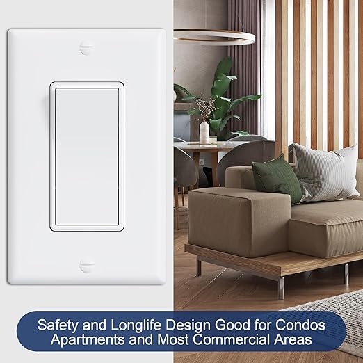 ThunderWay Single Pole Decorator Wall Light Switch with Wall Plate, 15A 120V/277V, On/Off Paddle Switch, Residential Grade - UL Listed, White (10)