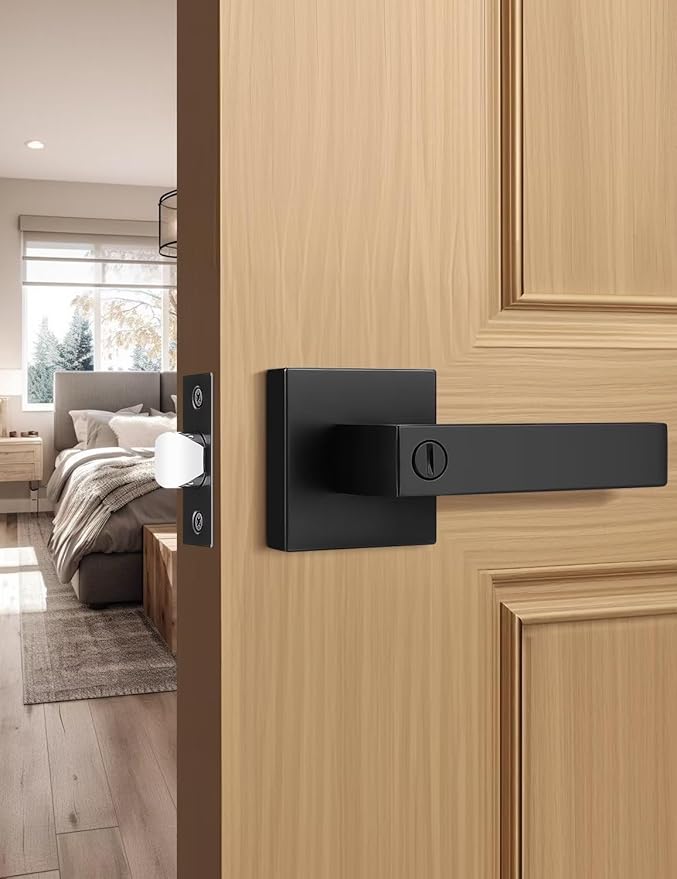 1 Pack Square Privacy Door Levers Locksets in Matte Black Finish, Bed/Bath Door Levers Keyless Interior Handles,Reversible for Left Right Handed Doors