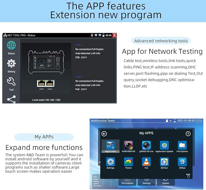 Koolertron 7" IPS Touch Screen 4K H.265 IP Camera Tester - POE/WiFi, CVBS Analog Tester, HDMI Output, RJ45 TDR, 8GB TF Card, Dual Window Test, Firmware Upgrade