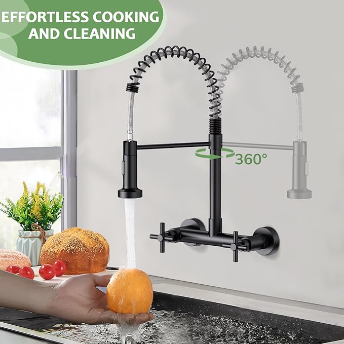 Wall Mount Kitchen Faucet, Hurran Matte Black Kitchen Sink Faucet, 8 Inch 2 Handle Wall Mount Commercial Sink Faucet with Pull Down Sprayer for Kitchen Laundry Room Restaurant