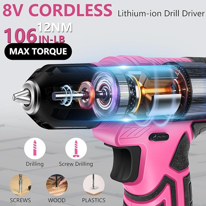 Drill Set: Tool Set with 8V Pink Cordless Drill, Home Tool Kit with Drill, Hand Tool Kits for Women, Homeowner, Diyer, Handyman, 127Piece