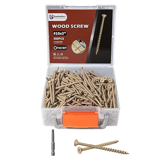 Wood Screws 3 Inch, Lag Screws #10 x 3, 300 Pcs Torx Structural Screws, Construction Exterior Wood Screws, Timber Screws for Fence Log Landscaping Wood, T25 Bit Included, Yellow